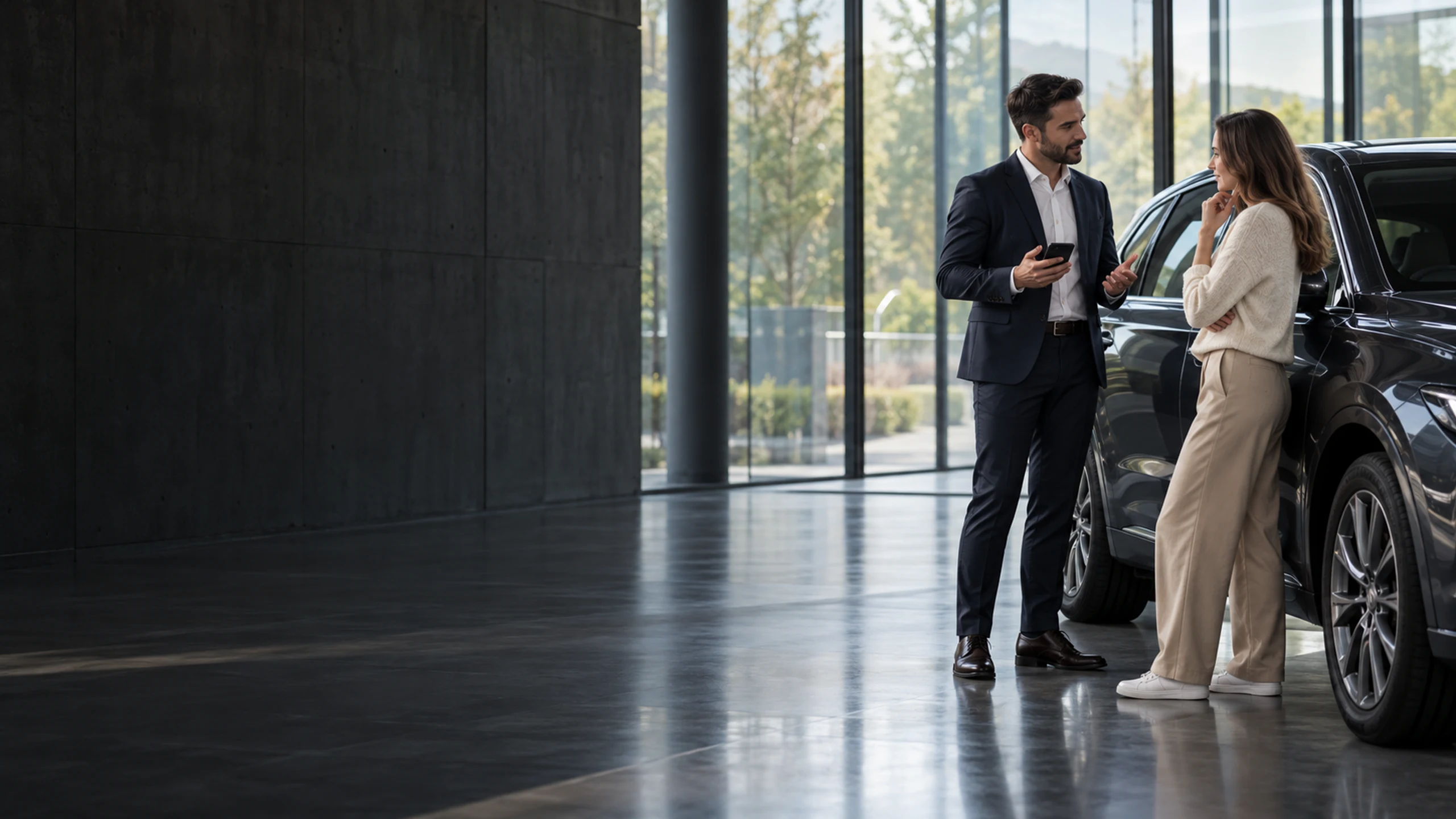 Sales advisor showing a phone to a customer beside a dark car in a dealership showroom