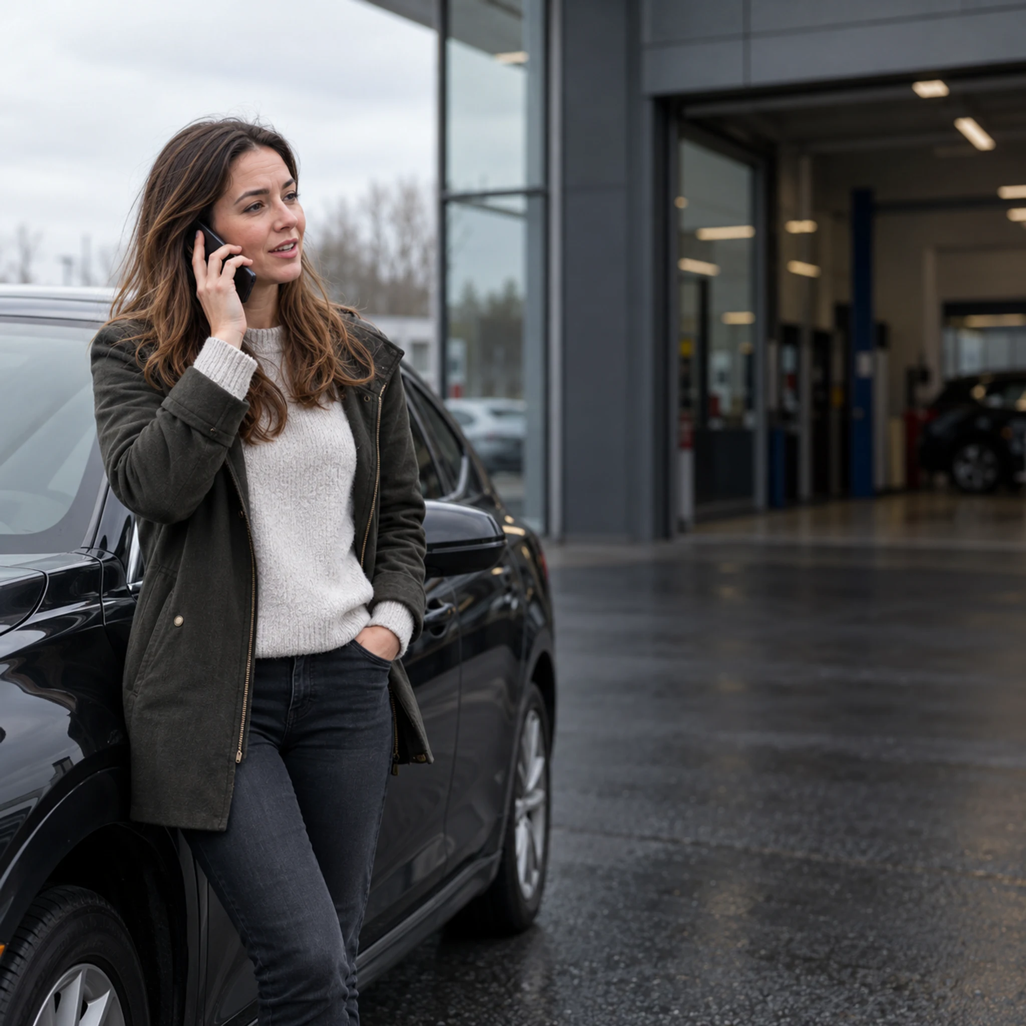 Customer speaking on a phone beside a dark car outside a dealership service entrance