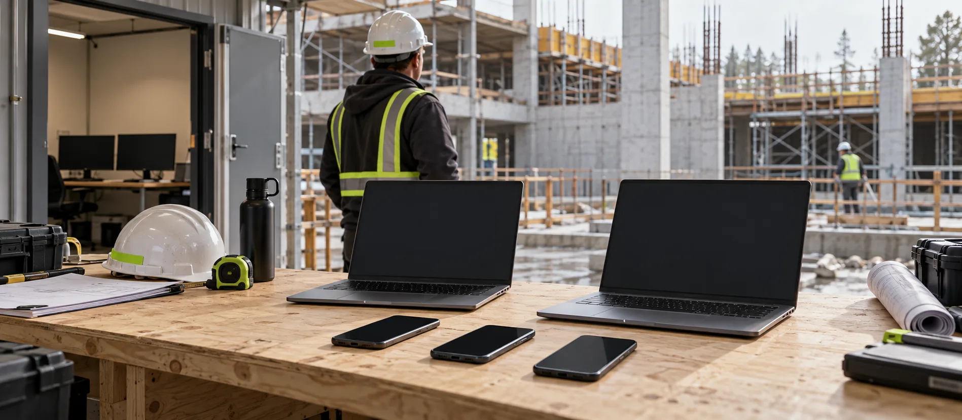 Workbench on a construction site with two laptops and three phones, a foreman in a hard hat looking at the structure
