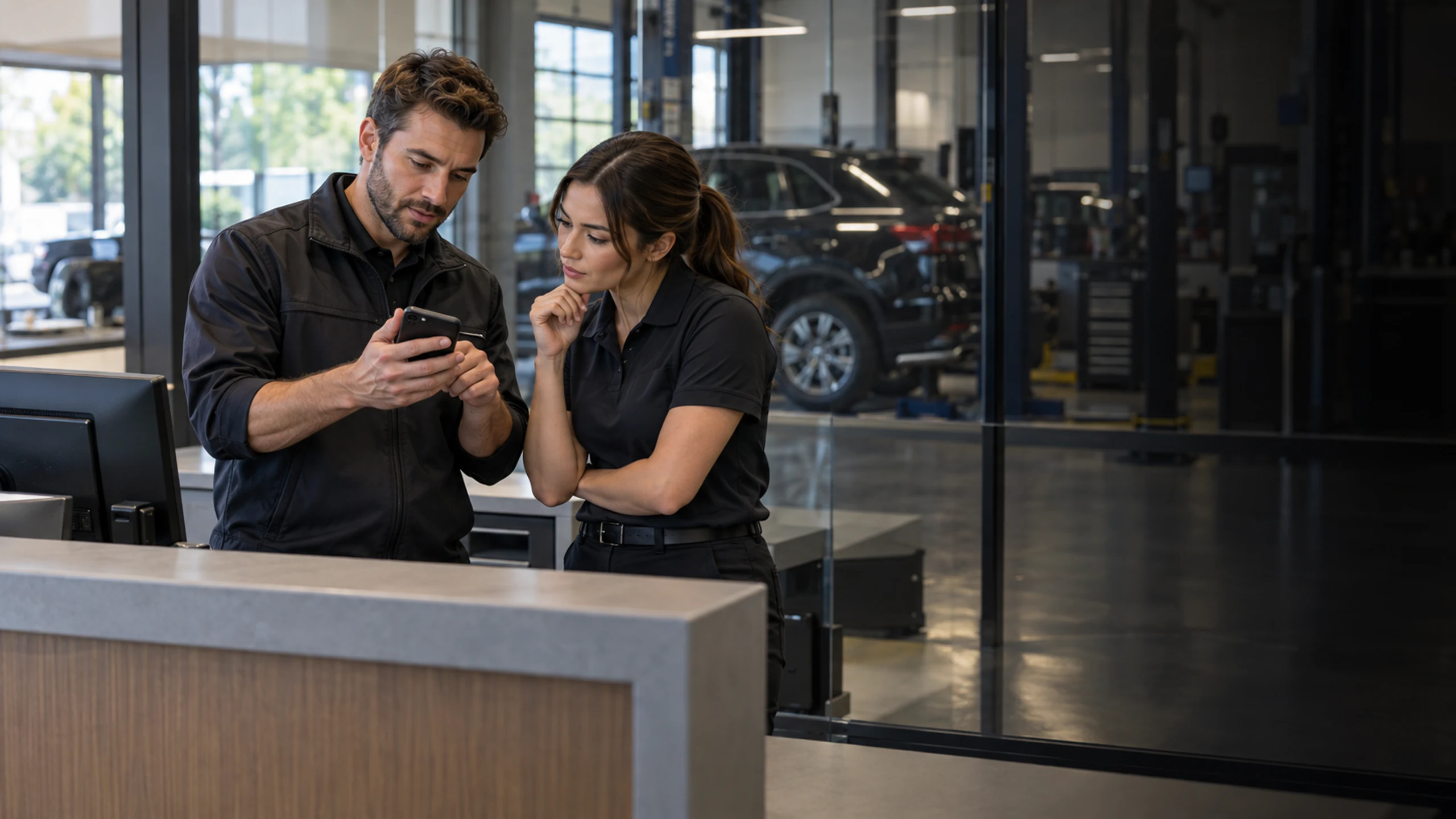 Service advisor and colleague reading a phone at a dealership service counter